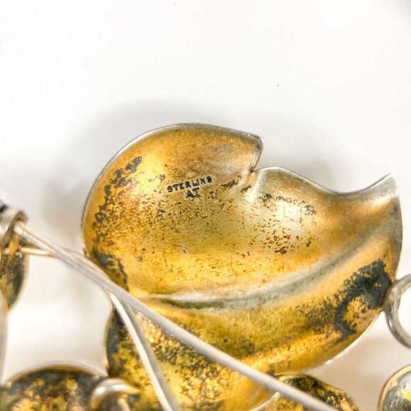 Vintage Sterling Silver Tone Floral Leaves Brooch Red Rhinestone Gold Plated - Picture 3 of 4